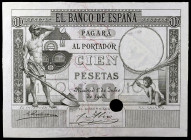 1903. 100 pesetas. (Ed. B94p) (Ed. 310P). 1 de julio. Prueba de anverso. Dibujo de José Villegas. Grabador Bartolomé Maura. Taladro. Ex Áureo 17/09/19...