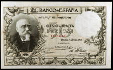 1905. 50 pesetas. (Ed. B96) (Ed. 312). 19 de marzo, Echegaray. Muy raro. MBC.