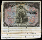 1906. 50 pesetas. (Ed. B99 y B99a) (Ed. 315 y 315a). 24 de septiembre. Lote de 12 billetes: sin serie (dos), series A (cuatro), B (cinco) y C. A exami...