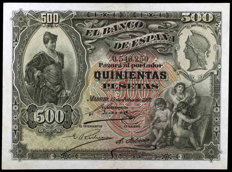 1907. 500 pesetas. (Ed. B105) (Ed. 321). 15 de julio. Lavado. Raro y más así. MB...