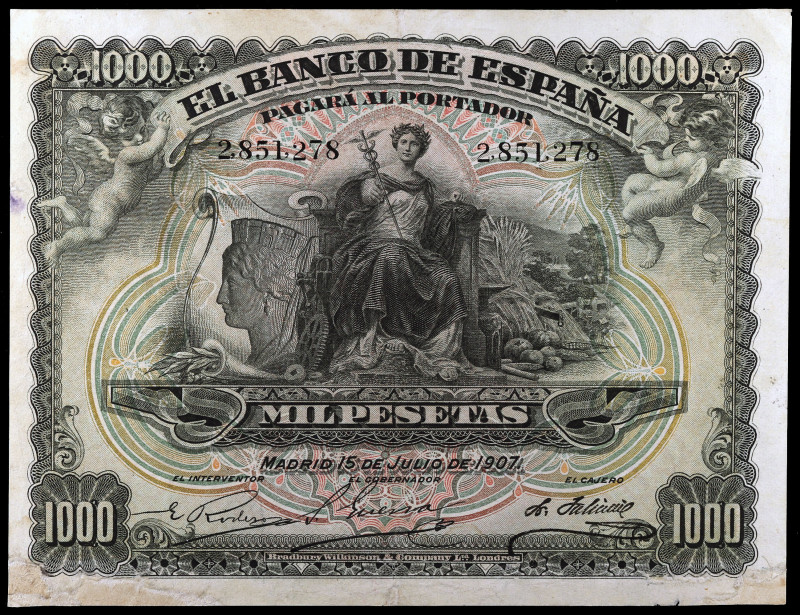 1907. 1000 pesetas. (Ed. B106) (Ed. 322). 15 de julio. Reparaciones en margen in...