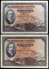1927. 50 pesetas. (Ed. B110 y B115) (Ed. 326 y 332). 17 de mayo, Alfonso XIII. Los billetes uno con sello tampón REPUBLICA ESPAÑOLA en vertical. BC+....
