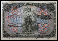 1906. 50 pesetas. (Ed. B120) (Ed. 337). 24 de septiembre. Serie B. Raspadura en borde izquierdo del anverso. BC+.