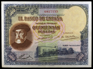 1935. 500 pesetas. (Ed. C16) (Ed. 365). 7 de enero, Hernán Cortés. Ligeras dobleces. Apresto. Raro. EBC-.