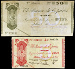1936. Bilbao. 5 y 50 pesetas. 2 billetes, antefirmas: Caja de Ahorros y Monte de Piedad Municipal de Bilbao y Banco de Bilbao, respectivamente. MBC-/M...