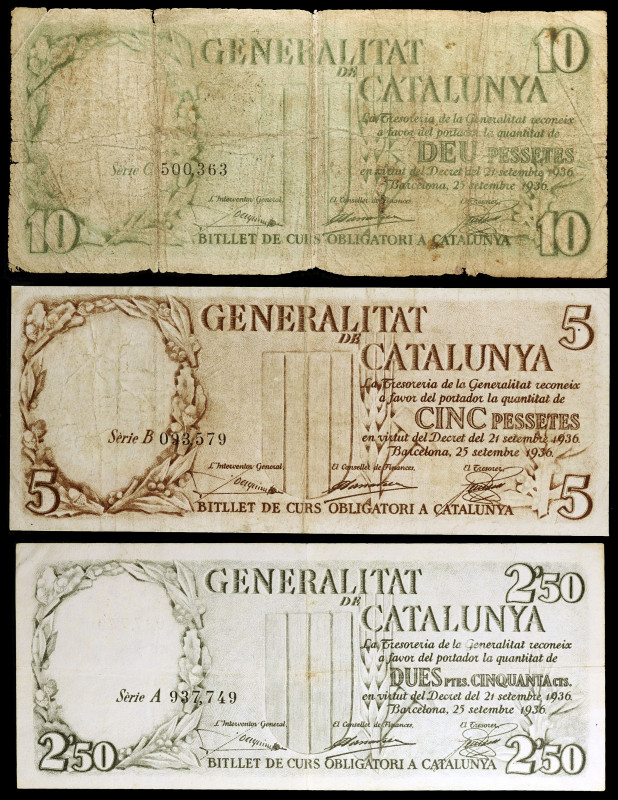 1936. Generalitat de Catalunya. 2,50, 5 y 10 pesetas. (Ed. 372 a 374). 3 billete...