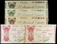 1936. Bilbao. 5 (sin serie y serie A), 25, 50 y 100 pesetas. (Ed. 368c, 368Af, 369f, 370f y 371g). 5 billetes, serie completa. Fecha estampillada en v...