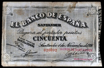 1936. Santander. 50 pesetas. (Ed. C29e) (Ed. 378g). 1 de noviembre. Antefirma Banco de Santader. BC.