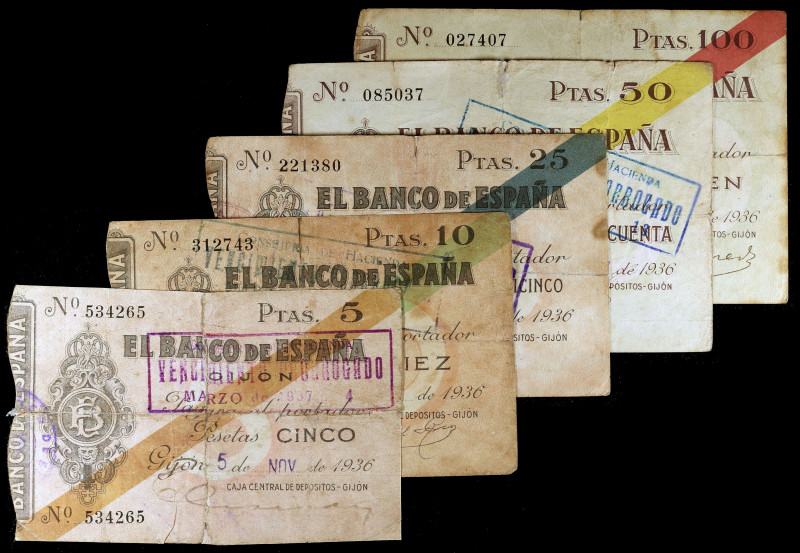 1936. Gijón. 5, 10, 25, 50 y 100 pesetas. (Ed. 380 a 384). 5 de noviembre. 5 bil...