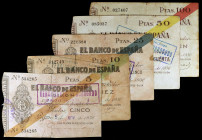 1936. Gijón. 5, 10, 25, 50 y 100 pesetas. (Ed. 380 a 384). 5 de noviembre. 5 billetes, serie completa. Todos con tampón VENCIMIENTO PRORROGADO. BC/BC+...