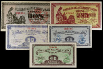 1937. Asturias y León. 25, 40, 50 céntimos, 1 y 2 pesetas. (Ed. C45 a C49) (Ed. 394 a 398). 5 billetes, serie completa. MBC/S/C.
