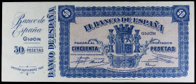 1937. Gijón. 50 pesetas. (Ed. NE33) (Ed. NE33). Emisión septiembre. No circulado, sin numeración y con matriz lateral izquierda. Muy raro. S/C-.
