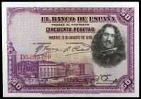 1928. 50 pesetas. (Ed. D8) (Ed. 407). 15 de agosto, Velázquez. Serie D. Sello en seco del ESTADO ESPAÑOL - BURGOS. Leves dobleces. MBC+.