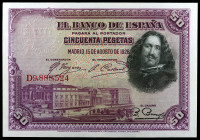 1928. 50 pesetas. (Ed. D8) (Ed. 407). 15 de agosto, Velázquez. Serie D. Sello en seco del ESTADO ESPAÑOL - BURGOS. Doblez. EBC-.