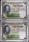 1925. 100 pesetas. (Ed. D11) (Ed. 410). 1 de julio, Felipe II. Pareja correlativa, serie F. Sello en seco del ESTADO ESPAÑOL - BURGOS. EBC.