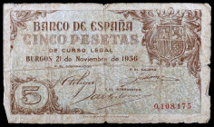 1936. Burgos. 5 pesetas. (Ed. D18) (Ed. 417). 21 de noviembre. Muy raro. BC.