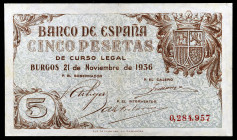 1936. Burgos. 5 pesetas. (Ed. D18) (Ed. 417). 21 de noviembre. Muy raro. MBC.