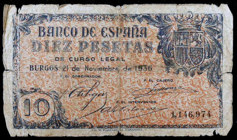 1936. Burgos. 10 pesetas. (Ed. D19) (Ed. 418). 21 de noviembre. Roturas. Raro. B...