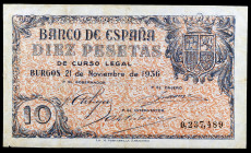 1936. Burgos. 10 pesetas. (Ed. D19) (Ed. 418). 21 de noviembre. Triple doblez. Muy raro. MBC-.