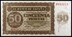 1936. Burgos. 50 pesetas. (Ed. D21a) (Ed. 420a). 21 de noviembre. Serie F. Doblez central apenas perceptible. EBC+.