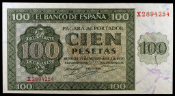 1936. Burgos. 100 pesetas. (Ed. D22a) (Ed. 421a). 21 de noviembre. Serie X, última emitida. Pequeño doblez en esquina inferior izquierda. EBC+.
