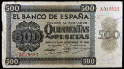 1936. Burgos. 500 pesetas. (Ed. D23) (Ed. 422). 21 de noviembre. Serie A. Raro. BC+.