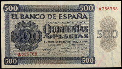 1936. Burgos. 500 pesetas. (Ed. D23) (Ed. 422). 21 de noviembre. Serie A. Leve doblez, pero buen ejemplar, con apresto. EBC-.