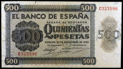 1936. Burgos. 500 pesetas. (Ed. D23a) (Ed. 422a). 21 de noviembre. Serie C. Lavado y planchado. Raro. MBC-.