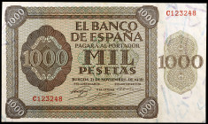 1936. Burgos. 1000 pesetas. (Ed. D24a) (Ed. 423a). 21 de noviembre. Serie C, última emitida. Raro. EBC+.