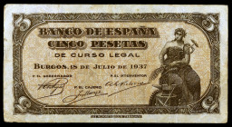 1937. Burgos. 5 pesetas. (Ed. D25) (Ed. 424). 18 de julio. Sin serie. Dobleces. Escaso. MBC-.