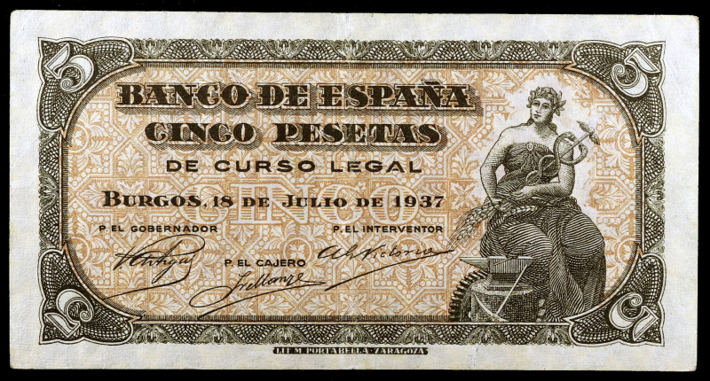 1937. Burgos. 5 pesetas. (Ed. D25a) (Ed. 424a). 18 de julio. Serie C. Escaso. MB...