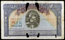 1937. Burgos. 1000 pesetas. (Ed. NE44) (Ed. NE44). 18 de julio, Emperador Carlos V. Roturas, seguramente producidas por el fuego. Rarísimo. (MBC-).
