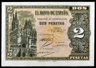 1937. Burgos. 2 pesetas. (Ed. D27) (Ed. 426). 12 de octubre. Serie A. Una esquina doblada. S/C-.