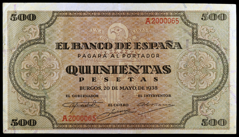 1938. Burgos. 500 pesetas. (Ed. D34) (Ed. 433). 20 de mayo. Serie A. Dobleces. P...