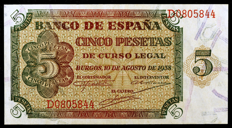 1938. Burgos. 5 pesetas. (Ed. D36a) (Ed. 435a). 10 de agosto. Serie D. MBC+.