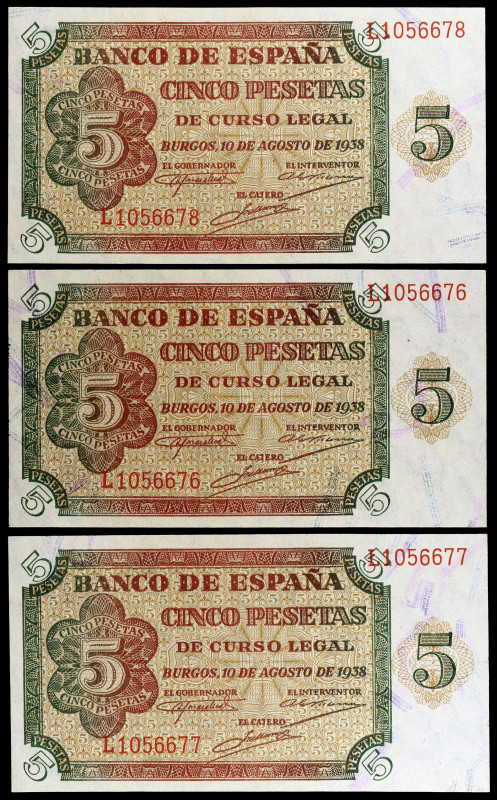 1938. Burgos. 5 pesetas. (Ed. D36a) (Ed. 435a). 10 de agosto. Trío correlativo, ...