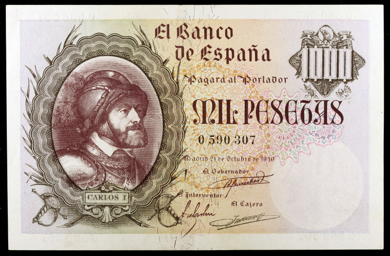 1940. 1000 pesetas. (Ed. D46) (Ed. 445). 21 de octubre, Carlos I. Raro. MBC+.