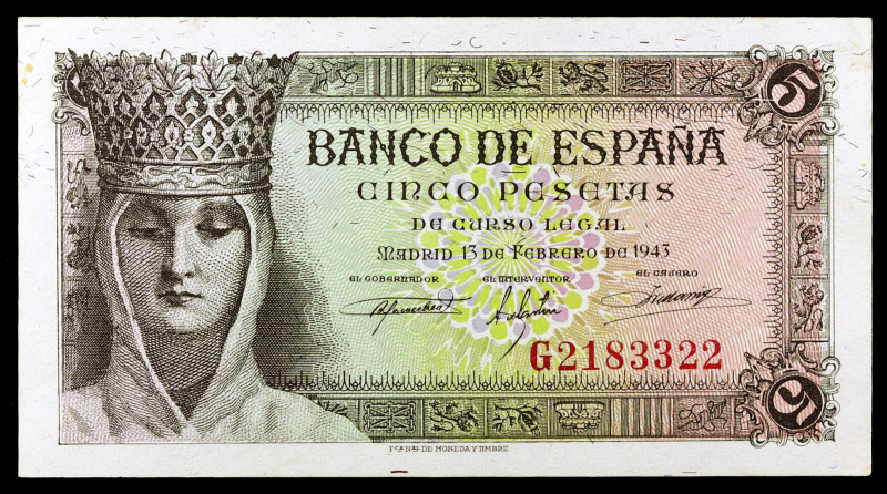 1943. 5 pesetas. (Ed. D47a) (Ed. 446a). 13 de febrero, Isabel la Católica. Serie...