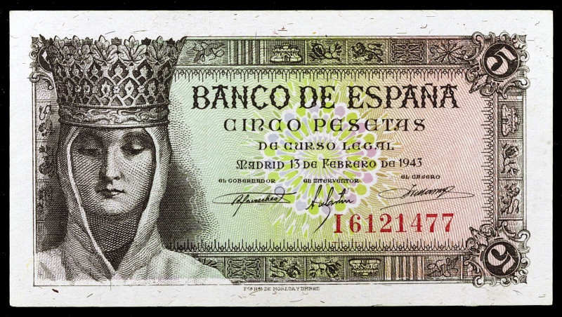 1943. 5 pesetas. (Ed. D47a) (Ed. 446a). 13 de febrero, Isabel la Católica. Serie...