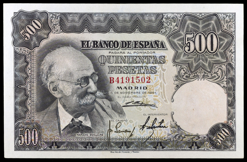 1951. 500 pesetas. (Ed. D61a) (Ed. 460a). 15 de noviembre, Benlliure. Serie B. L...