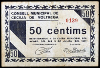 Cecília de Voltregà. 50 céntimos. (T. 919). Nº 139. Restos de clip. Muy raro. MBC-.