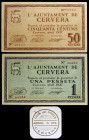 Cervera. 5, 50 céntimos y 1 peseta. (T. 944 y 945) (AL. 3297). Lote de 2 billetes del Ajuntament y un cartón de la Casa del Poble (éste raro). Ex Cole...