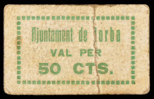 Jorba. 50 céntimos. (T. 1470d). Cartón. Raro. BC+.