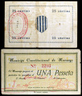 Llorenç de Morunys. 25 céntimos y 1 peseta. (T. 1565 y 1566). 2 billetes. MBC-/MBC.