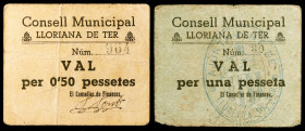 Lloriana de Ter. 50 céntimos y 1 peseta. (T. 1580a y 1581a). 2 cartones, todos los de la localidad. El de 1 peseta, nº 30. Muy raros. BC+/BC+.