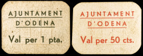 Òdena. 50 céntimos y 1 peseta. (T. 1918a y 1919b). 2 cartones, serie completa. Raros. MBC-/MBC+.