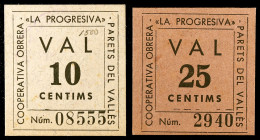 Parets del Vallès. Cooperativa Obrera La Progresiva. 10 y 25 céntimos. (T. 2063 y 2064). 2 cartones. Escasos. EBC+.