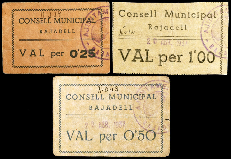 Rajadell. 25, 50 céntimos y 1 peseta. (T. 2371, 2372 y 2373a). 3 cartones, serie...