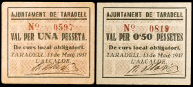 Taradell. 50 céntimos y 1 peseta. (T. 2822 y 2823). 2 cartones, serie completa. Raros. MBC-/MBC+.