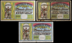Vic. Cooperativa Obrera Pastisseria Mutua. 50 céntimos, 1 y 2 pesetas. (AL. 3063, 3064 y 3066). 3 billetes, uno roto y pegado. BC/MBC+.